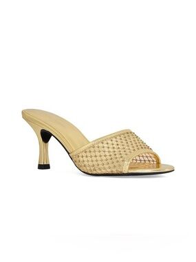 New! Rebecca Minkoff Gold Mesh Embellished Kitten Slide Heels.